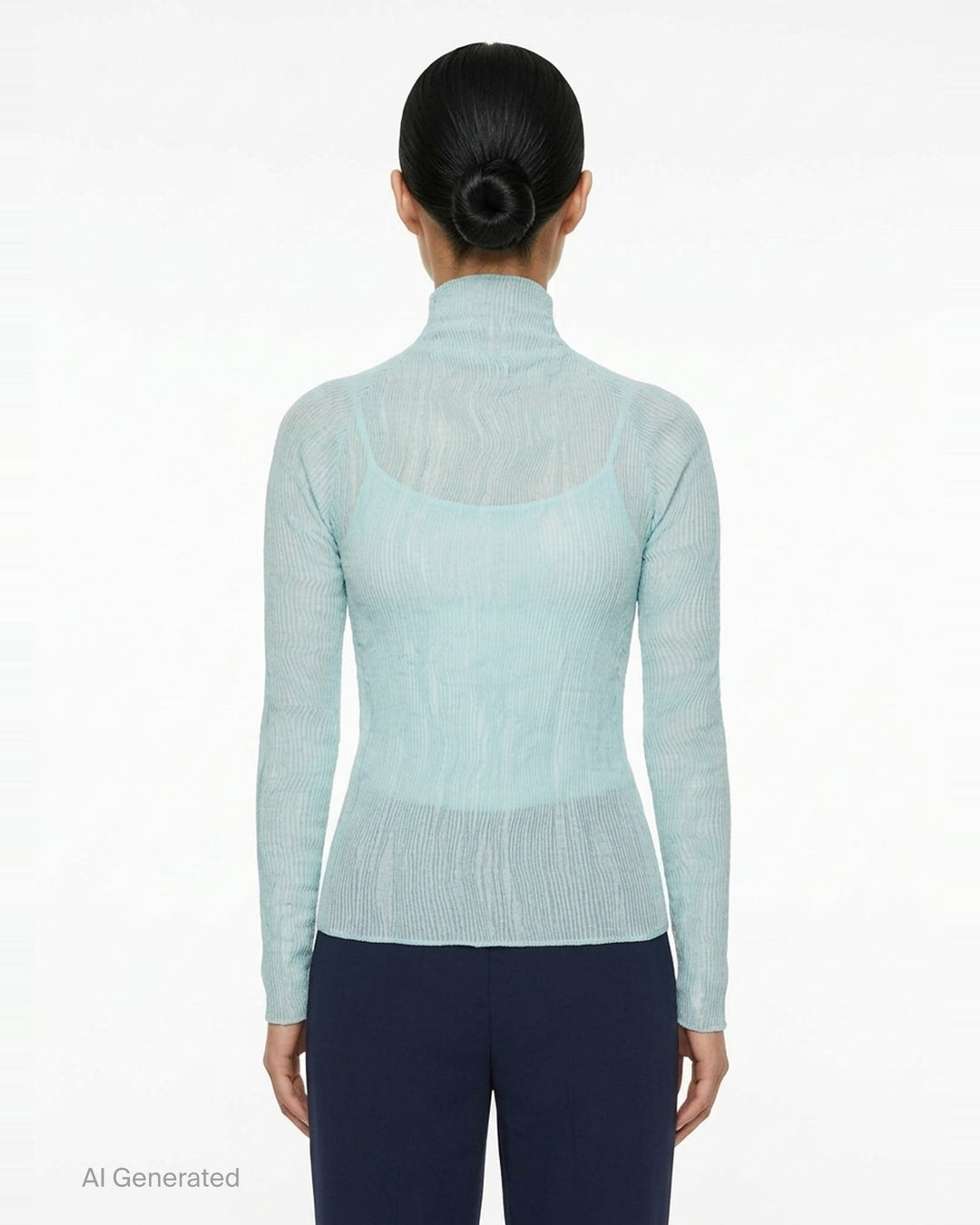 Rear view of Issey Miyake Chiffon Twist 2 woven top in grey, featuring fine horizontal pleating, a high funnel neck, and long fitted sleeves on a mannequin - back