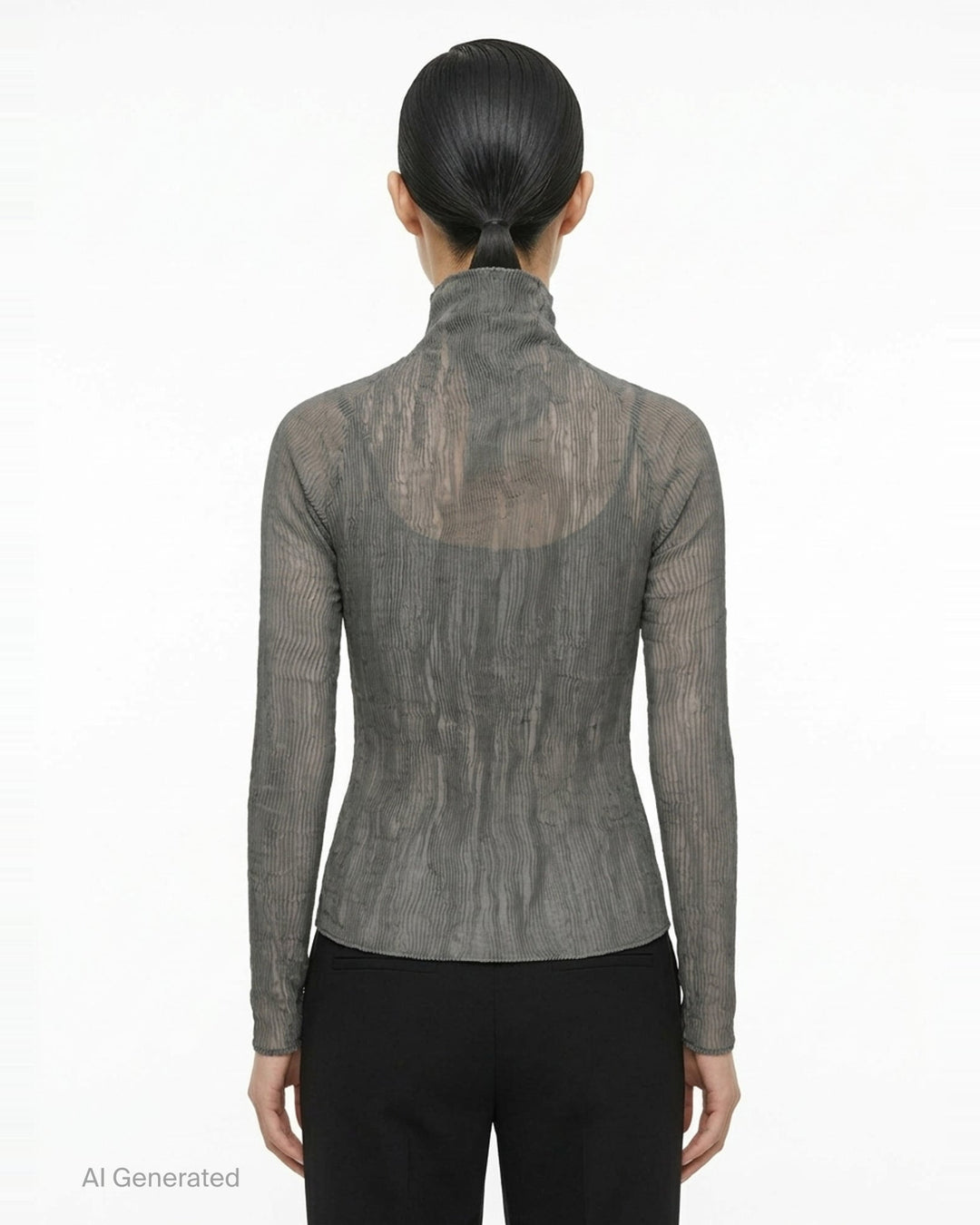 Rear view of Issey Miyake Chiffon Twist 2 woven top in grey, featuring fine horizontal pleating, a high funnel neck, and long fitted sleeves on a mannequin - back