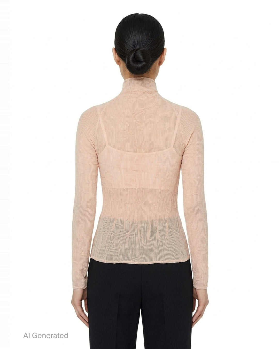 Rear view of Issey Miyake Chiffon Twist 2 woven top in grey, featuring fine horizontal pleating, a high funnel neck, and long fitted sleeves on a mannequin - back