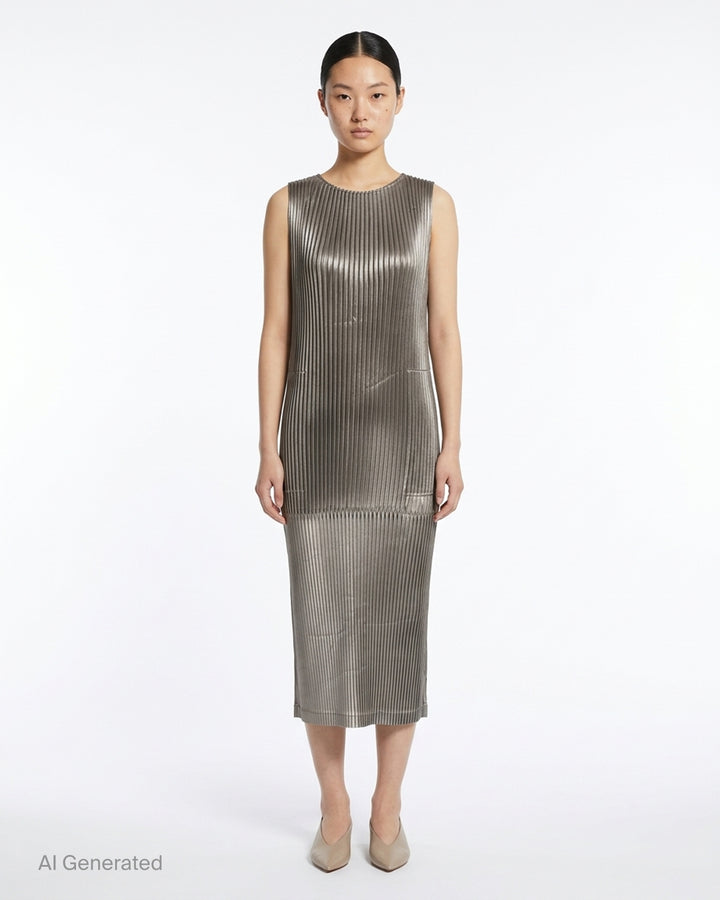 Black sleeveless glossed pleated midi dress by Issey Miyake with a round neckline and paneled seams - front