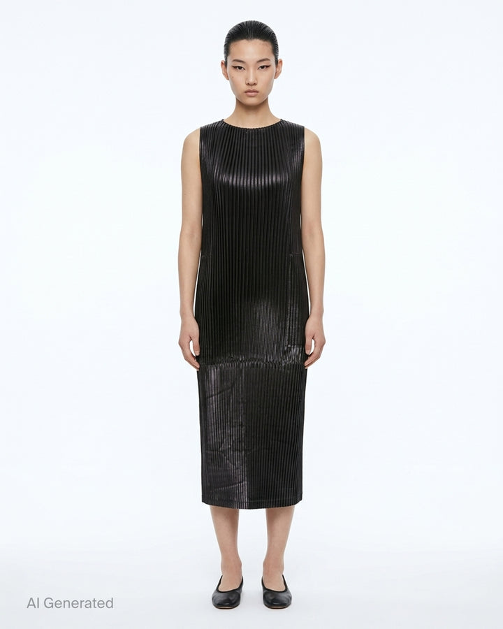 Black sleeveless glossed pleated midi dress by Issey Miyake with a round neckline and paneled seams - front
