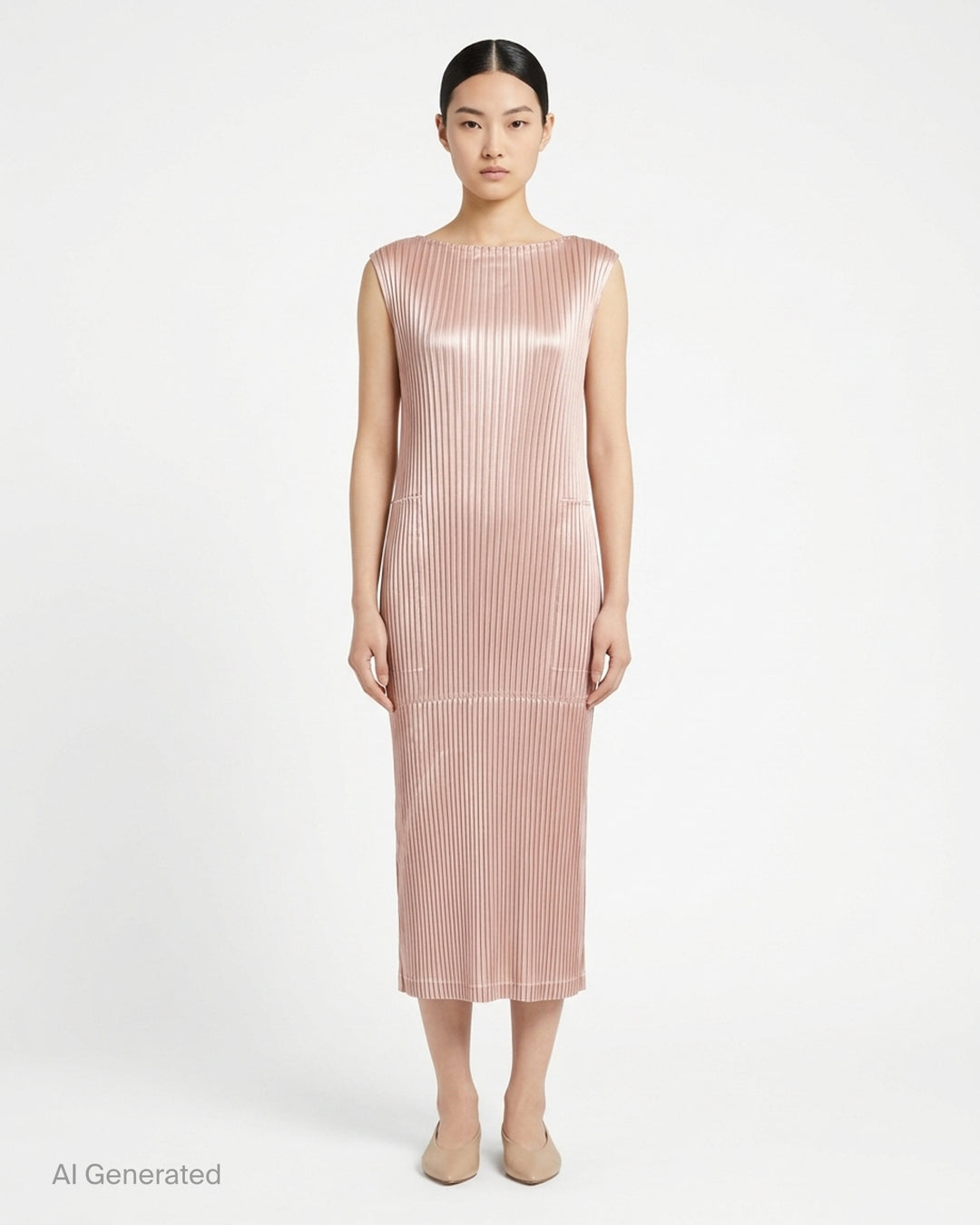Black sleeveless glossed pleated midi dress by Issey Miyake with a round neckline and paneled seams - front