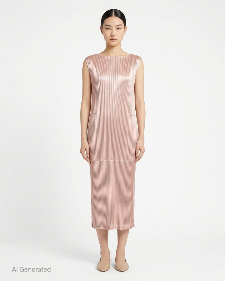 Black sleeveless glossed pleated midi dress by Issey Miyake with a round neckline and paneled seams - front