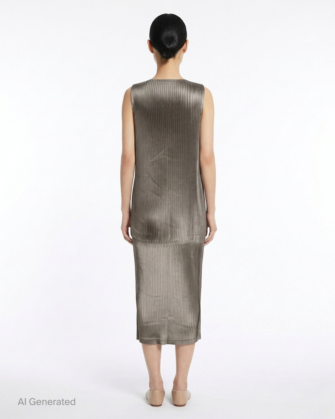 Black sleeveless glossed pleated midi dress by Issey Miyake with a round neckline and paneled seams - back