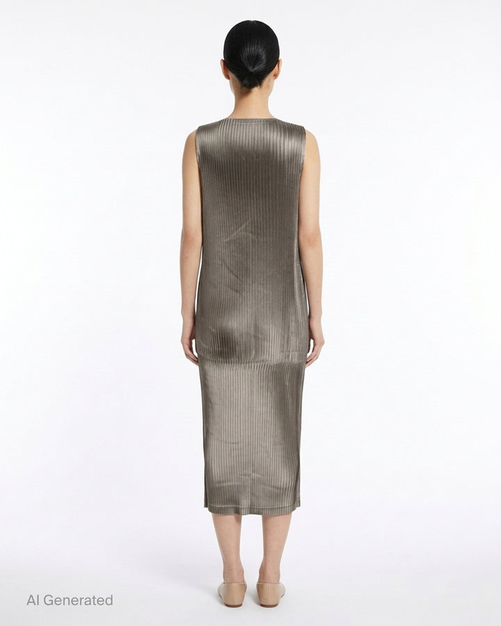 Black sleeveless glossed pleated midi dress by Issey Miyake with a round neckline and paneled seams - back