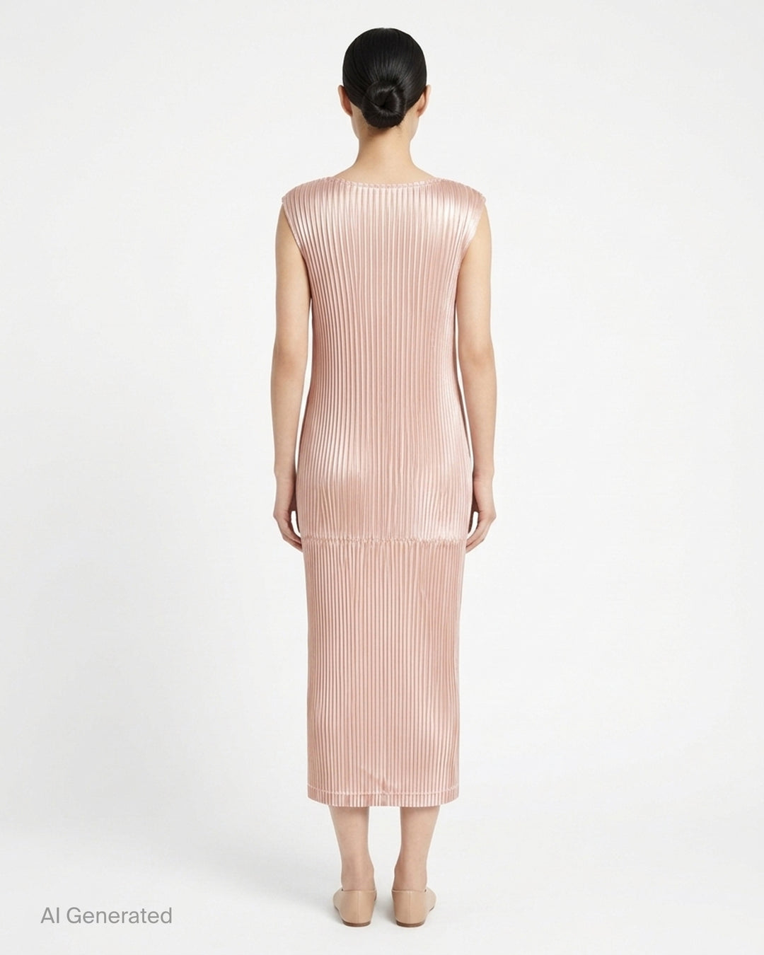 Black sleeveless glossed pleated midi dress by Issey Miyake with a round neckline and paneled seams - back