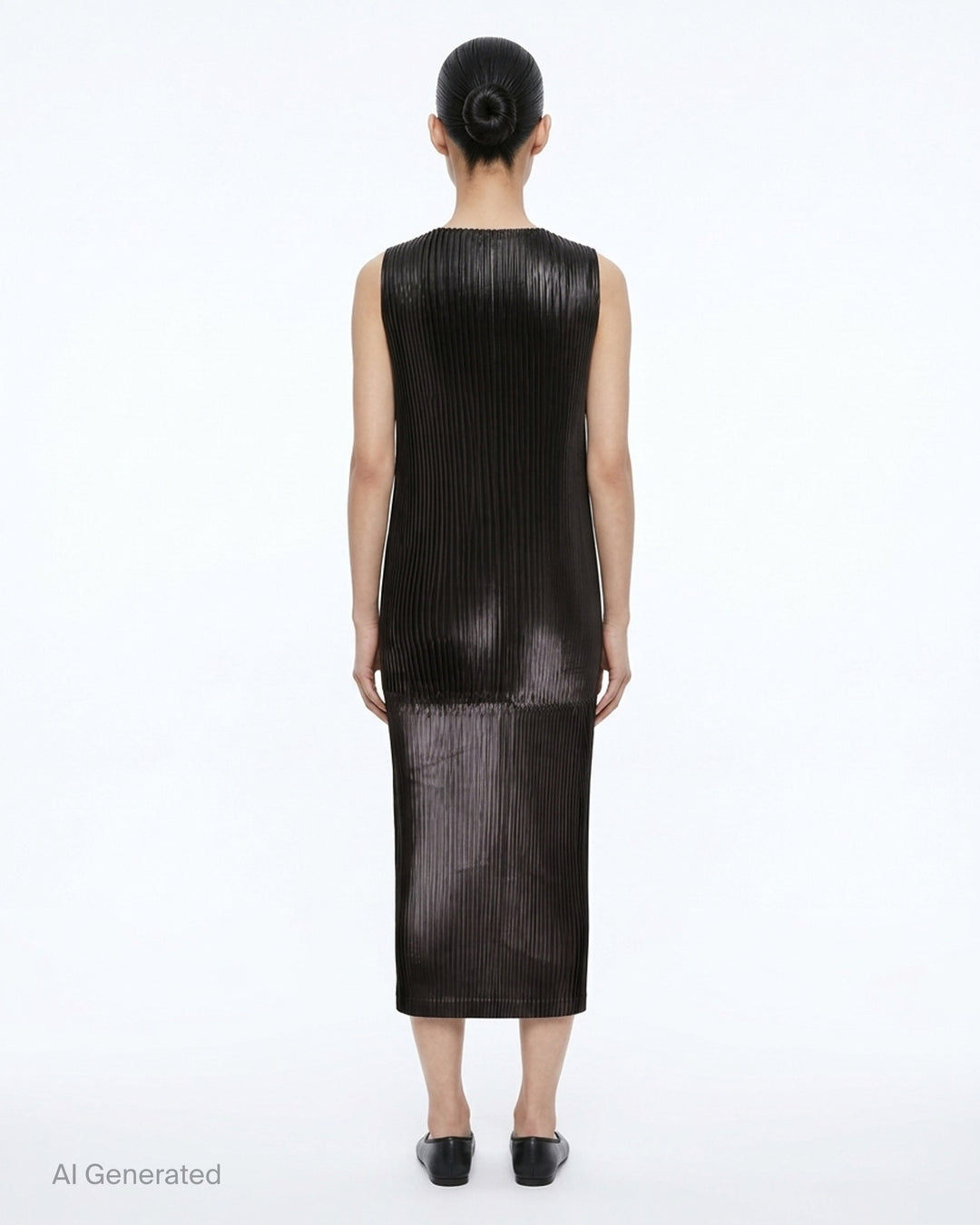 Black sleeveless glossed pleated midi dress by Issey Miyake with a round neckline and paneled seams - back
