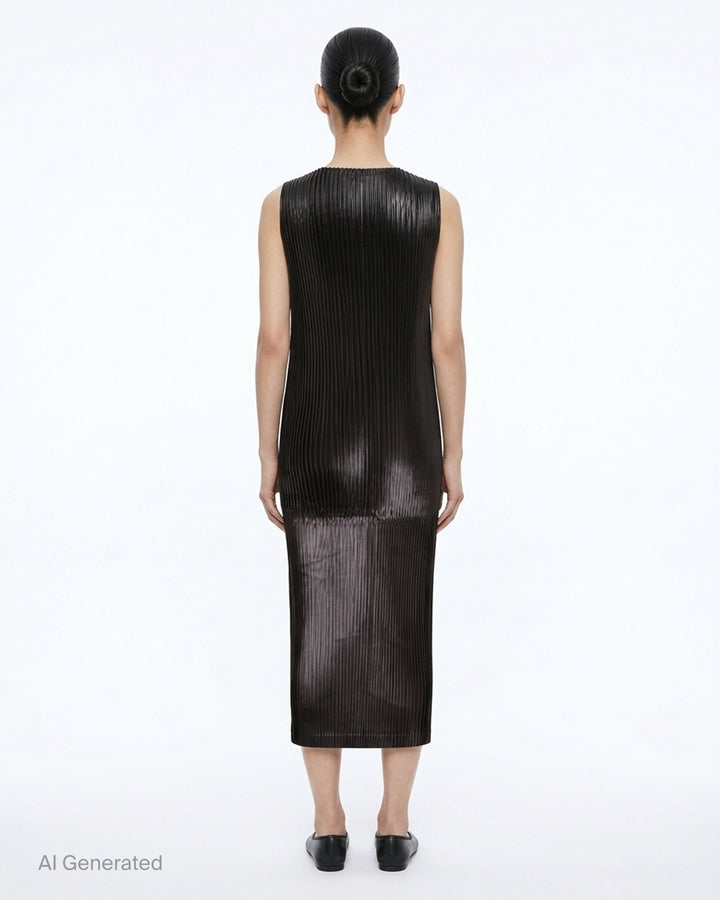 Black sleeveless glossed pleated midi dress by Issey Miyake with a round neckline and paneled seams - back