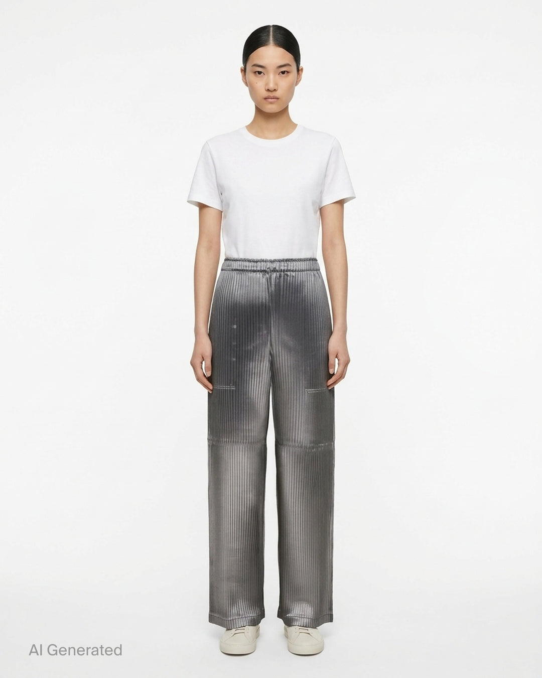 Issey Miyake glossed panels pleated pants in a metallic grey finish with an elasticated waist and wide-leg silhouette, shown from the front - front