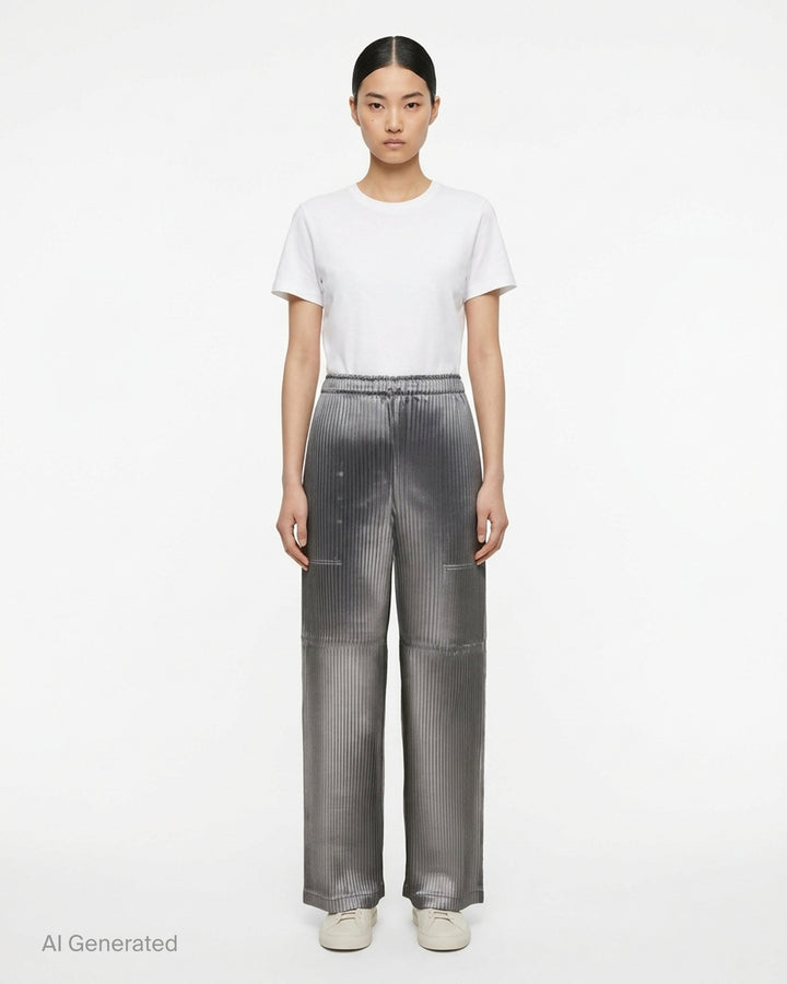 Issey Miyake glossed panels pleated pants in a metallic grey finish with an elasticated waist and wide-leg silhouette, shown from the front - front
