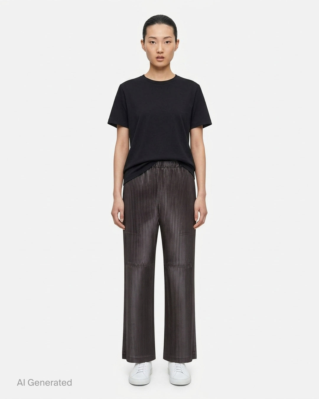 Issey Miyake glossed panels pleated pants in a metallic grey finish with an elasticated waist and wide-leg silhouette, shown from the front - front