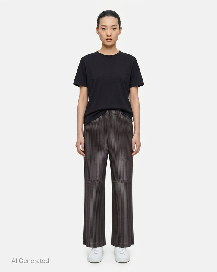 Issey Miyake glossed panels pleated pants in a metallic grey finish with an elasticated waist and wide-leg silhouette, shown from the front - front