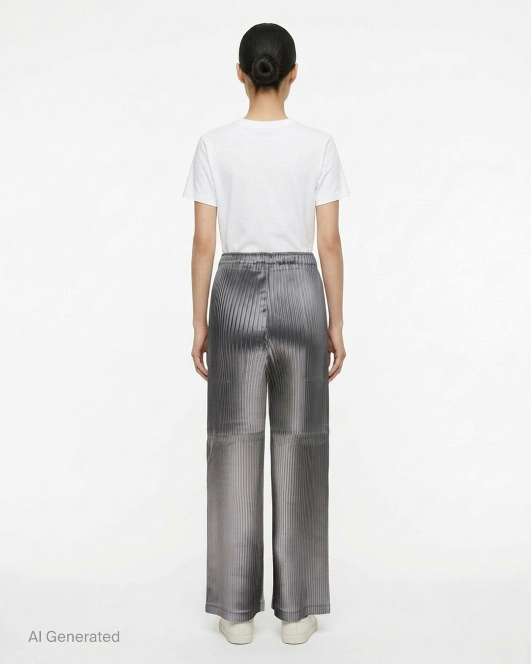Issey Miyake glossed panels pleated pants in a metallic grey finish with an elasticated waist and wide-leg silhouette, shown from the front - back