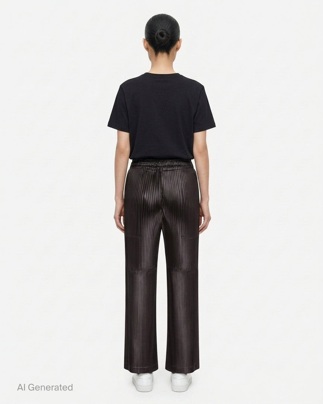 Issey Miyake glossed panels pleated pants in a metallic grey finish with an elasticated waist and wide-leg silhouette, shown from the front - back