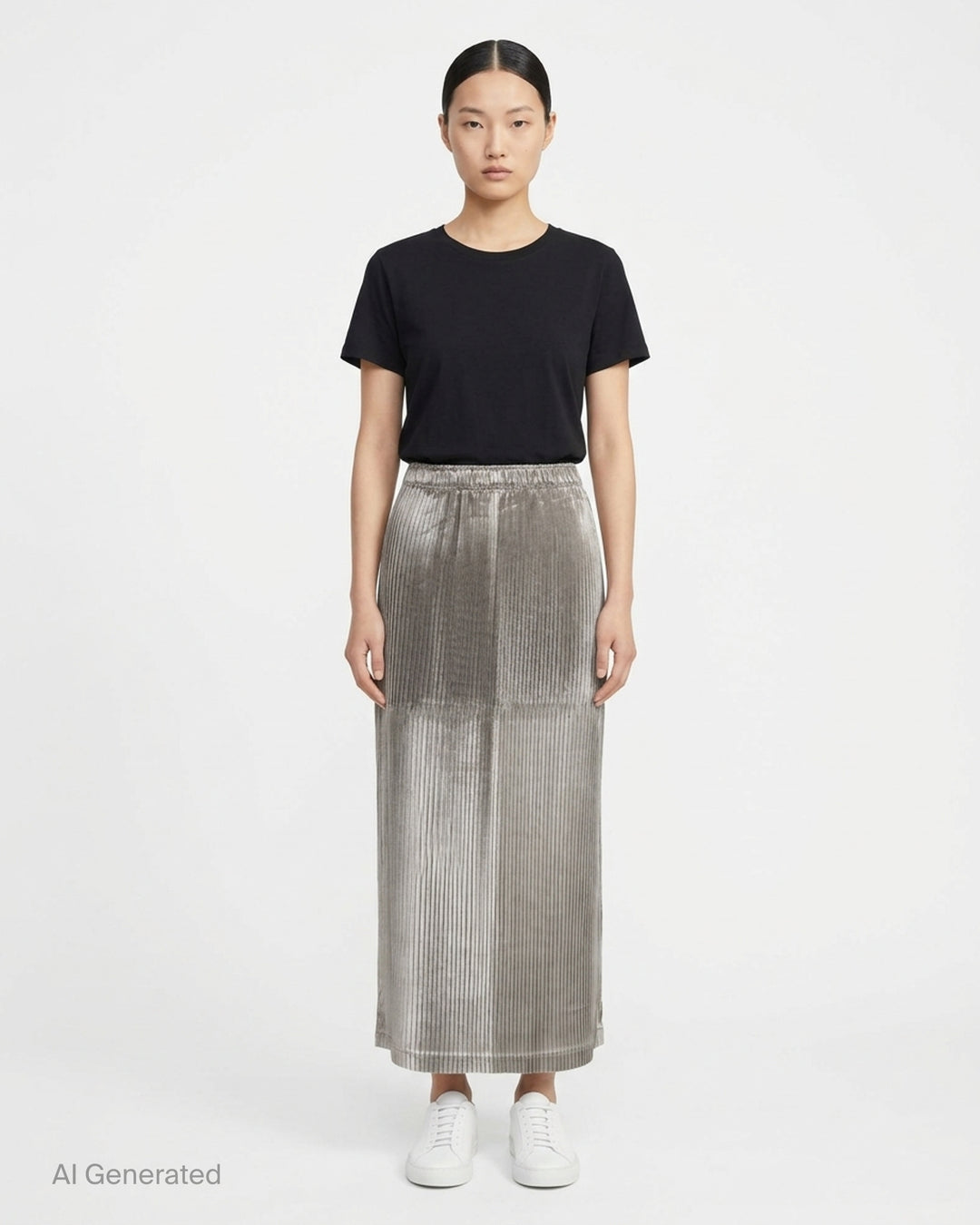 Issey Miyake Glossed Panels Pleated Skirt in black with fine vertical pleats, panelled seam detail and elasticated waistband - front