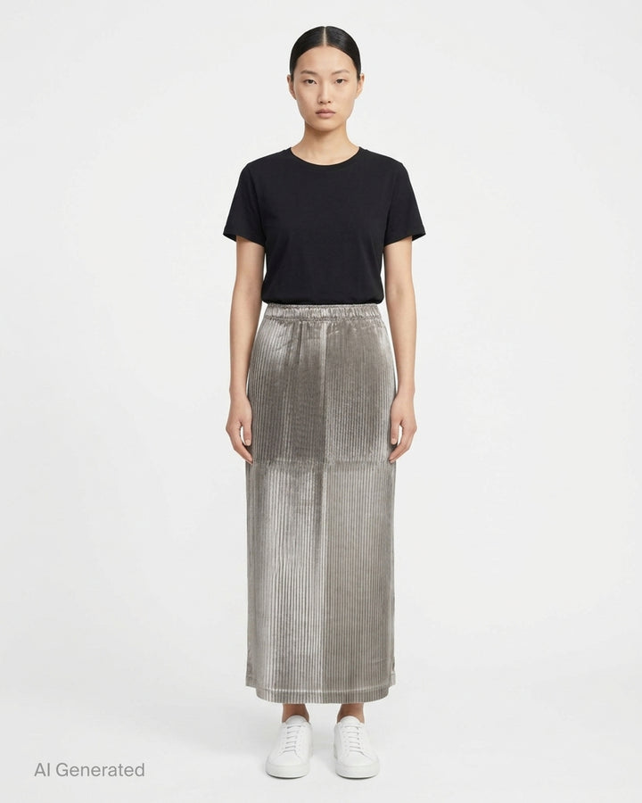 Issey Miyake Glossed Panels Pleated Skirt in black with fine vertical pleats, panelled seam detail and elasticated waistband - front