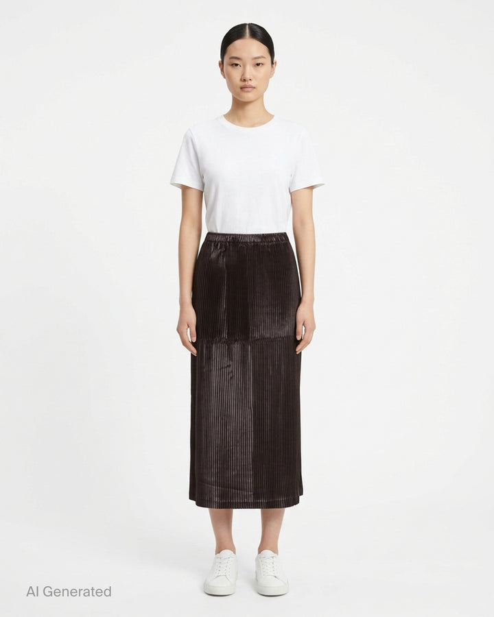 Issey Miyake Glossed Panels Pleated Skirt in black with fine vertical pleats, panelled seam detail and elasticated waistband - front