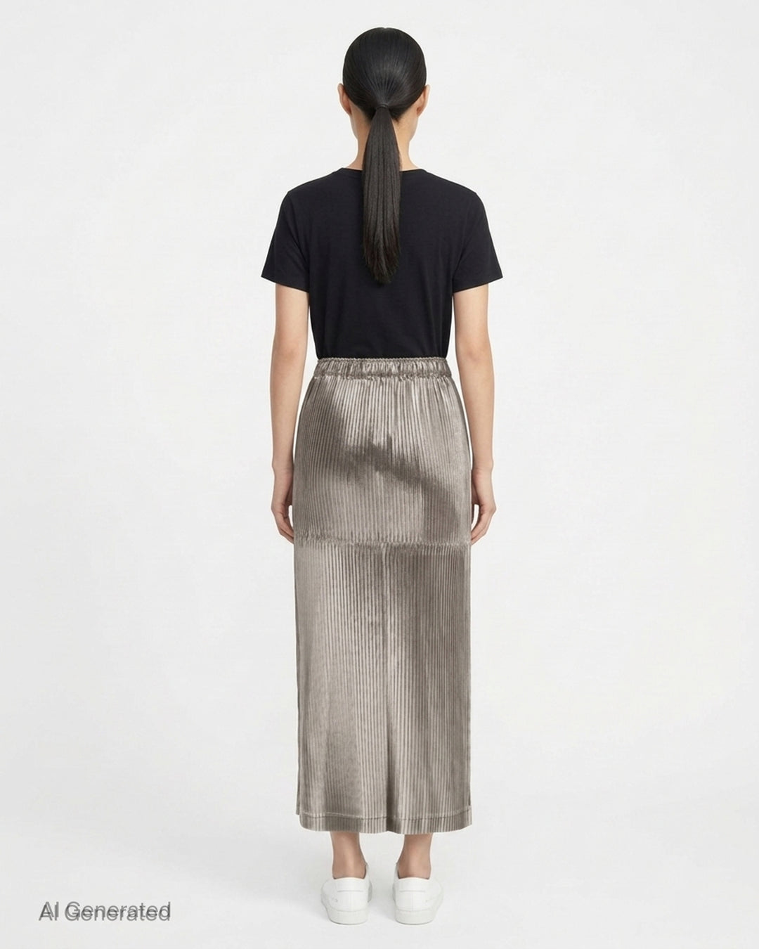 Issey Miyake Glossed Panels Pleated Skirt in black with fine vertical pleats, panelled seam detail and elasticated waistband - back