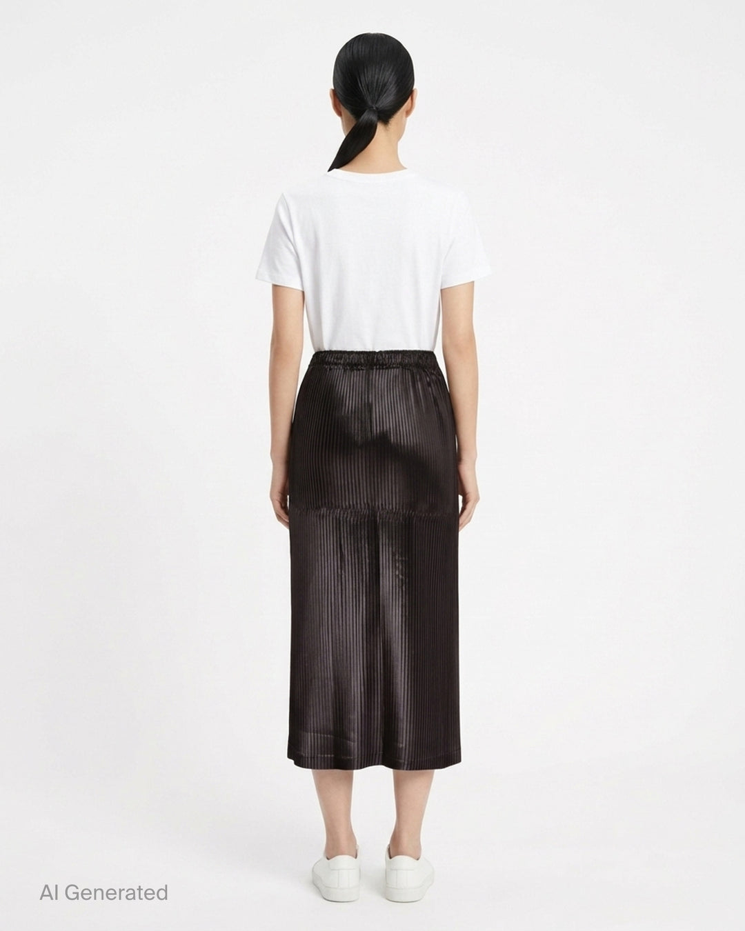 Issey Miyake Glossed Panels Pleated Skirt in black with fine vertical pleats, panelled seam detail and elasticated waistband - back