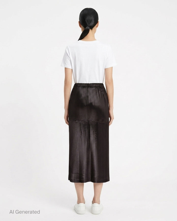 Issey Miyake Glossed Panels Pleated Skirt in black with fine vertical pleats, panelled seam detail and elasticated waistband - back