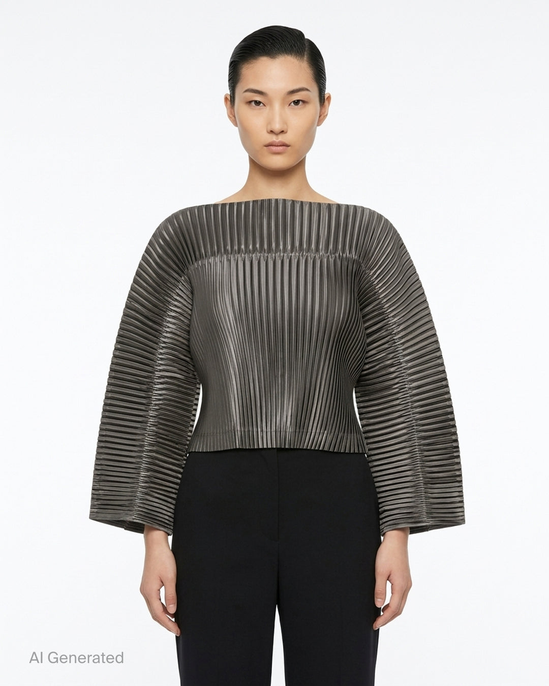 Issey Miyake glossed pleated off-the-shoulder cropped top in metallic grey with wide flared sleeves - front