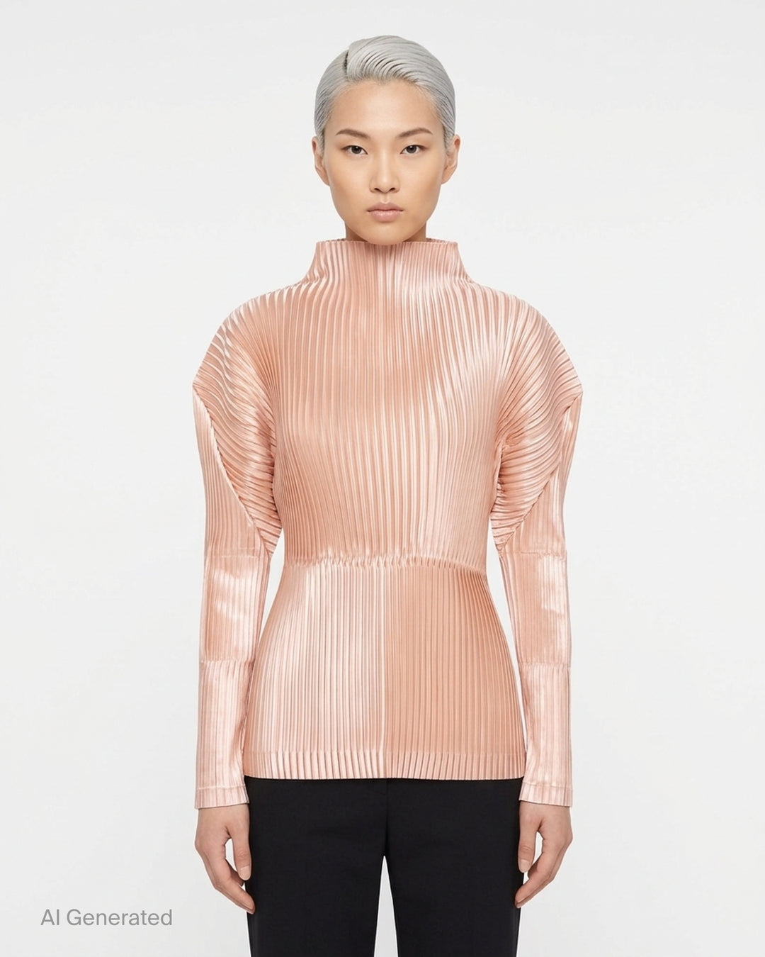 Black glossed pleated long-sleeve top by Issey Miyake with a mock neckline, sculpted shoulders and gathered waist - front