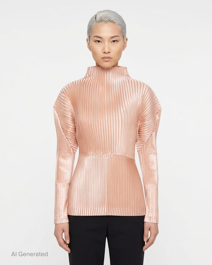 Black glossed pleated long-sleeve top by Issey Miyake with a mock neckline, sculpted shoulders and gathered waist - front