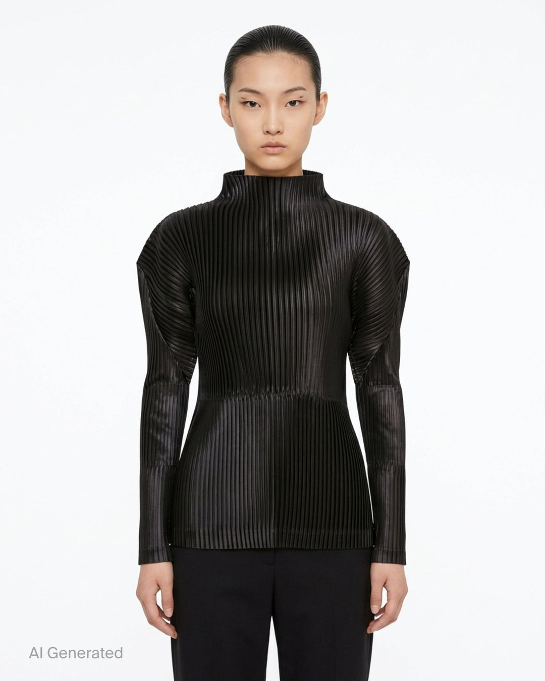 Black glossed pleated long-sleeve top by Issey Miyake with a mock neckline, sculpted shoulders and gathered waist - front