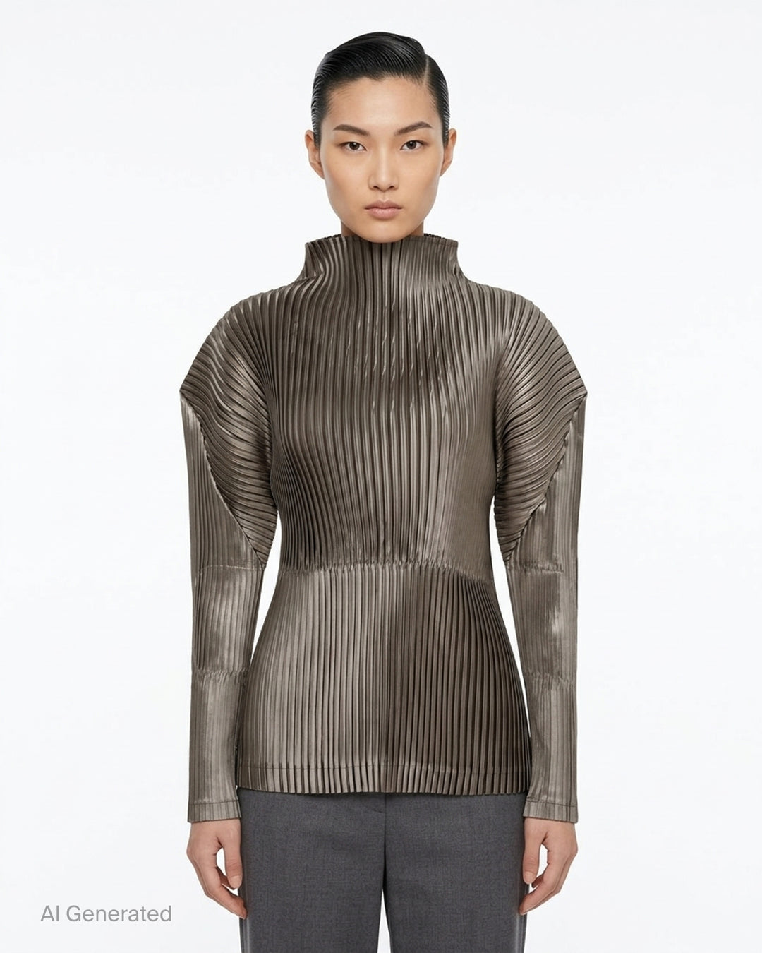 Black glossed pleated long-sleeve top by Issey Miyake with a mock neckline, sculpted shoulders and gathered waist - front