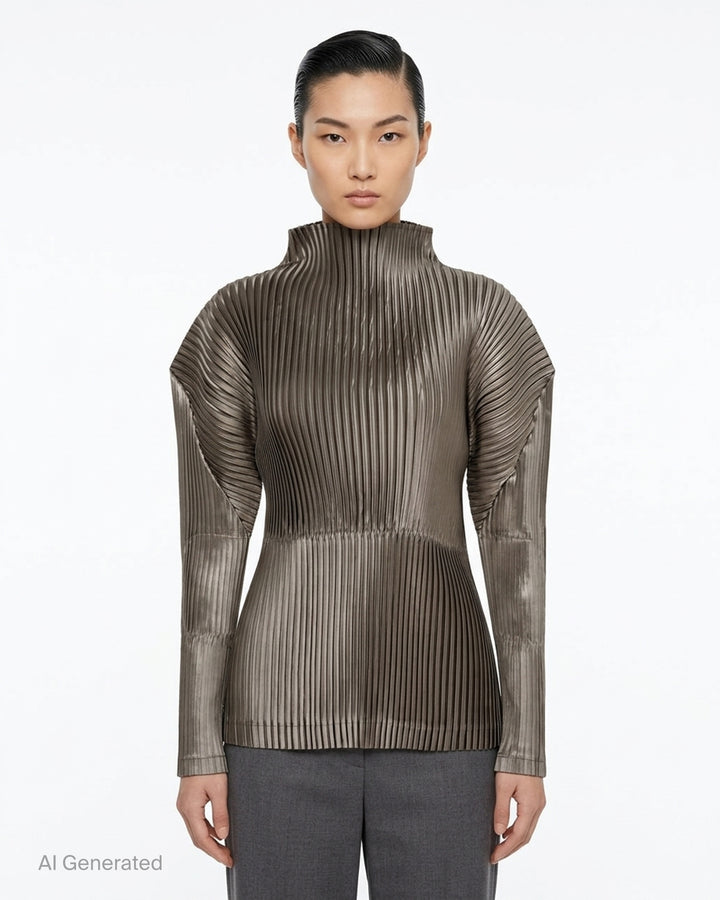 Black glossed pleated long-sleeve top by Issey Miyake with a mock neckline, sculpted shoulders and gathered waist - front
