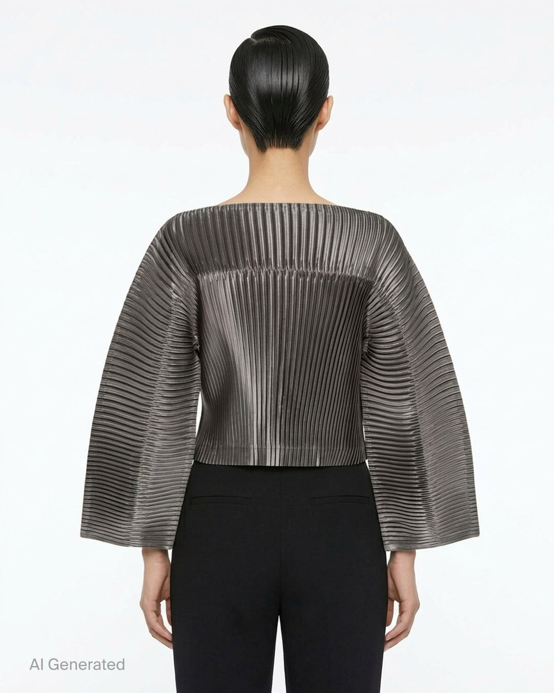 Issey Miyake glossed pleated off-the-shoulder cropped top in metallic grey with wide flared sleeves - back