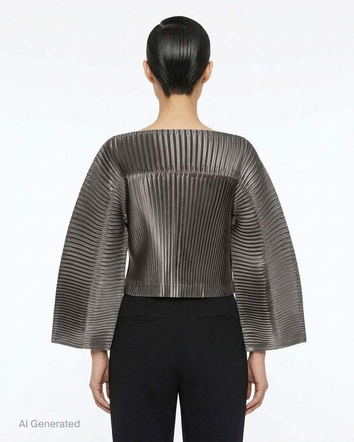 Issey Miyake glossed pleated off-the-shoulder cropped top in metallic grey with wide flared sleeves - back