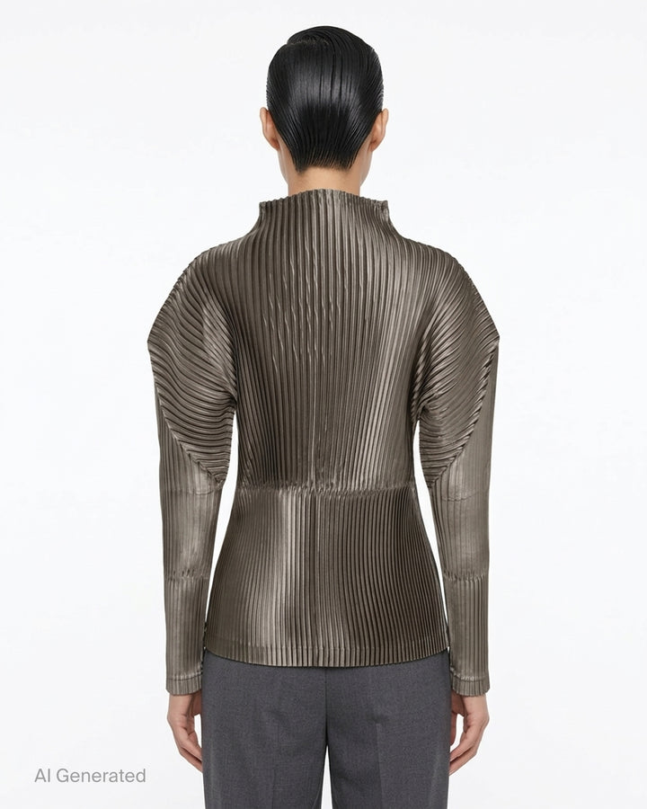 Black glossed pleated long-sleeve top by Issey Miyake with a mock neckline, sculpted shoulders and gathered waist - back