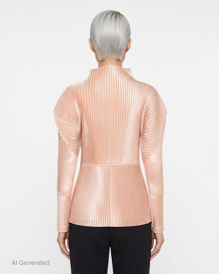 Black glossed pleated long-sleeve top by Issey Miyake with a mock neckline, sculpted shoulders and gathered waist - back