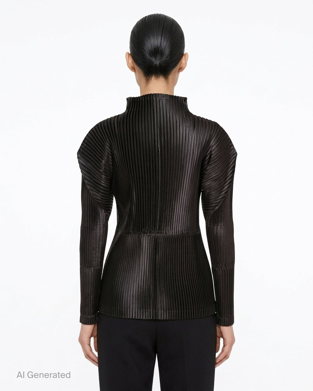 Black glossed pleated long-sleeve top by Issey Miyake with a mock neckline, sculpted shoulders and gathered waist - back