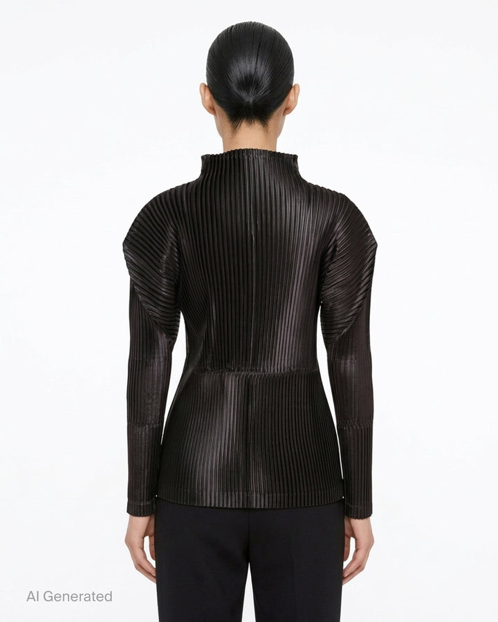 Black glossed pleated long-sleeve top by Issey Miyake with a mock neckline, sculpted shoulders and gathered waist - back