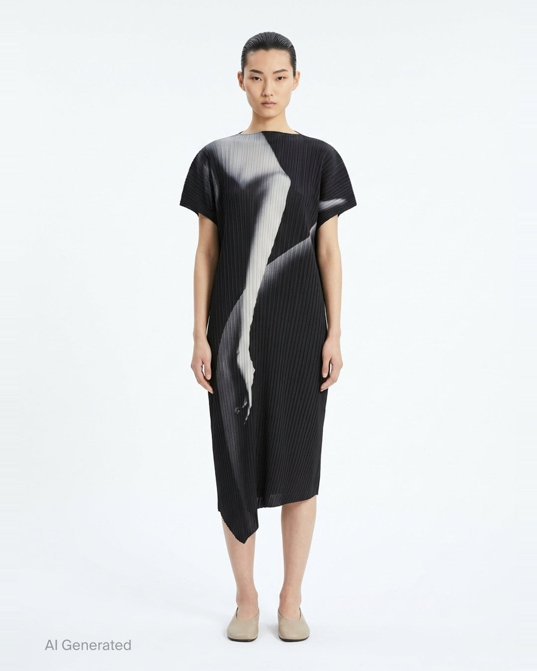 Issey Miyake Hands of Lover Pleats short-sleeve midi dress in black with abstract monochromatic photographic print and asymmetric hem, shown on a plain white background - front