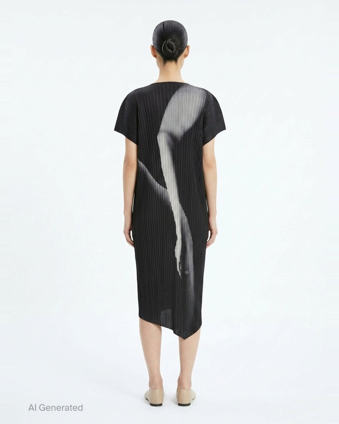 Issey Miyake Hands of Lover Pleats short-sleeve midi dress in black with abstract monochromatic photographic print and asymmetric hem, shown on a plain white background - back