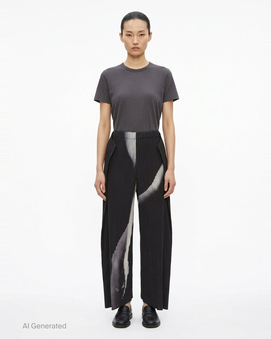 Issey Miyake Hands of Lover Pleats wide-leg cropped pants in black with abstract diagonal grey gradient print across pleated fabric, shown flat on white background - front