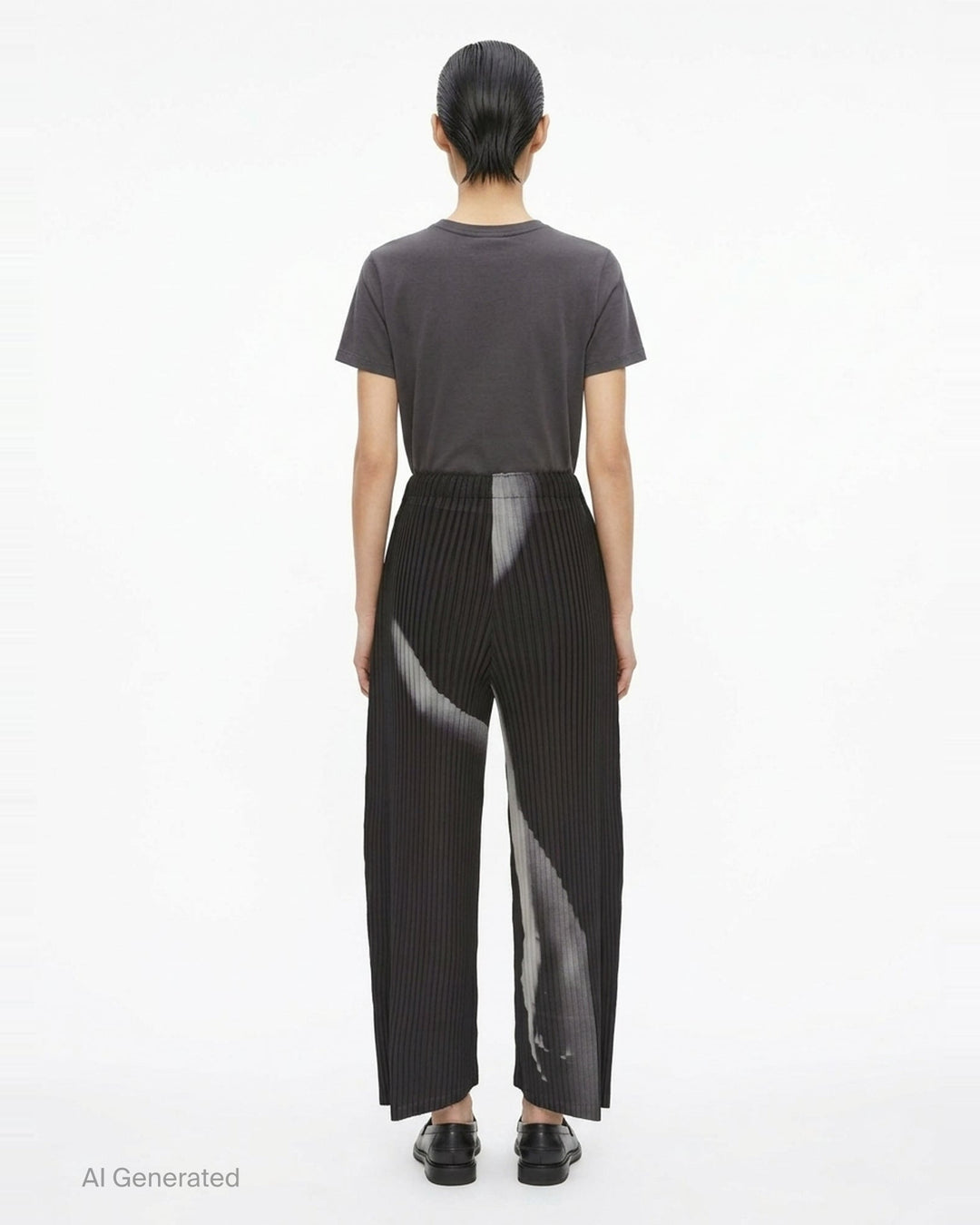 Issey Miyake Hands of Lover Pleats wide-leg cropped pants in black with abstract diagonal grey gradient print across pleated fabric, shown flat on white background - back