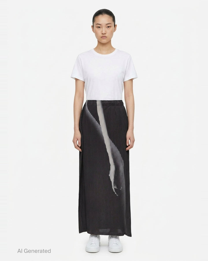 Issey Miyake Hands of Lover Pleats midi skirt in dark charcoal with abstract inkwash print and asymmetric wrap-front drape, shown in profile against a white background - front
