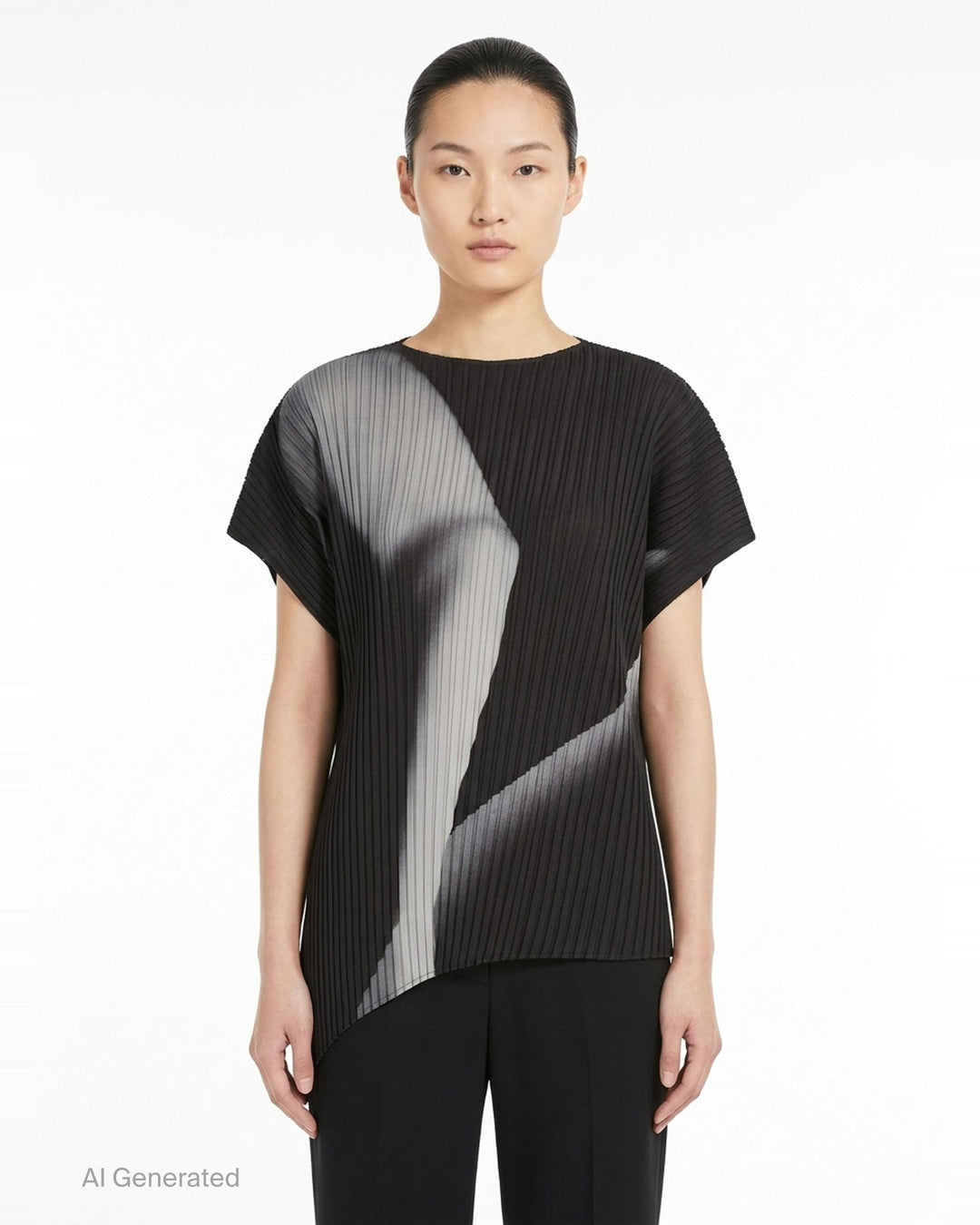 Issey Miyake Hands of Lover Pleats top in black micro-pleated fabric with an abstract monochrome photographic print, cap sleeves, and an asymmetric hemline - front