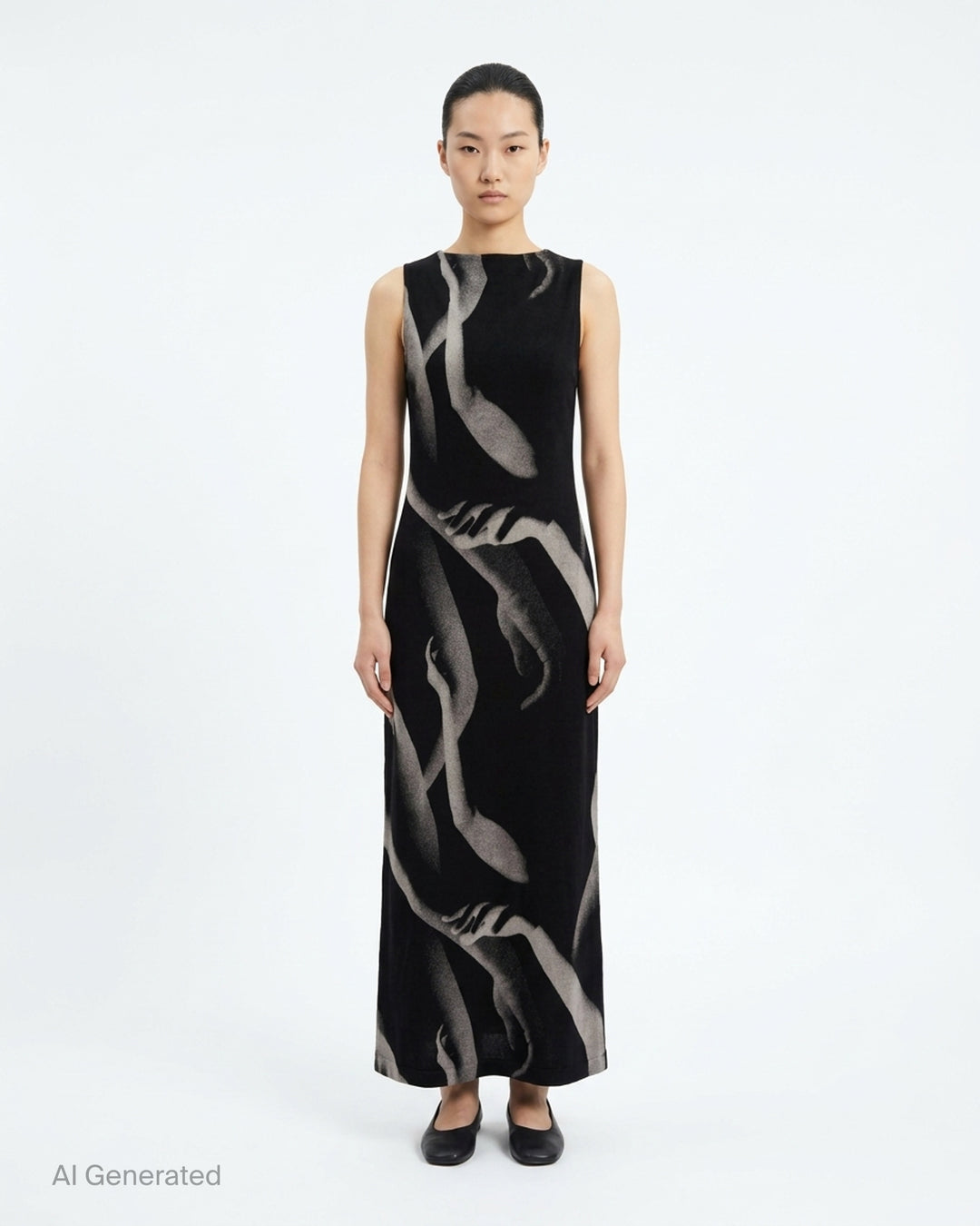 Issey Miyake Hands of Lover sleeveless black velour knit maxi dress with all-over grayscale photographic print of intertwining human arms and hands - front