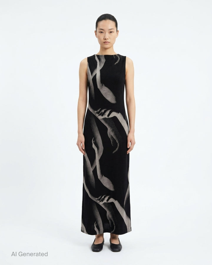 Issey Miyake Hands of Lover sleeveless black velour knit maxi dress with all-over grayscale photographic print of intertwining human arms and hands - front