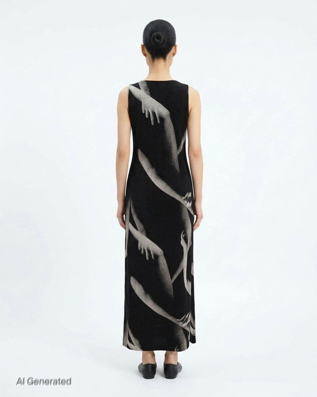 Issey Miyake Hands of Lover sleeveless black velour knit maxi dress with all-over grayscale photographic print of intertwining human arms and hands - back