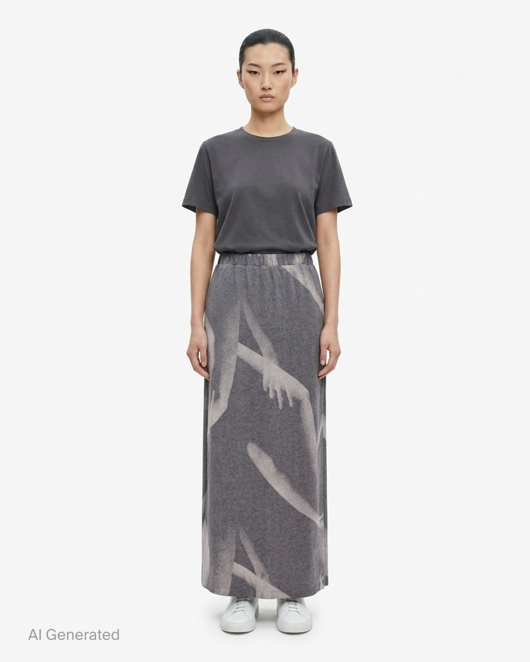 Issey Miyake Hands of Lover black velour maxi skirt with an allover monochromatic photographic print of intertwined arms and hands, shown flat against a white background - front