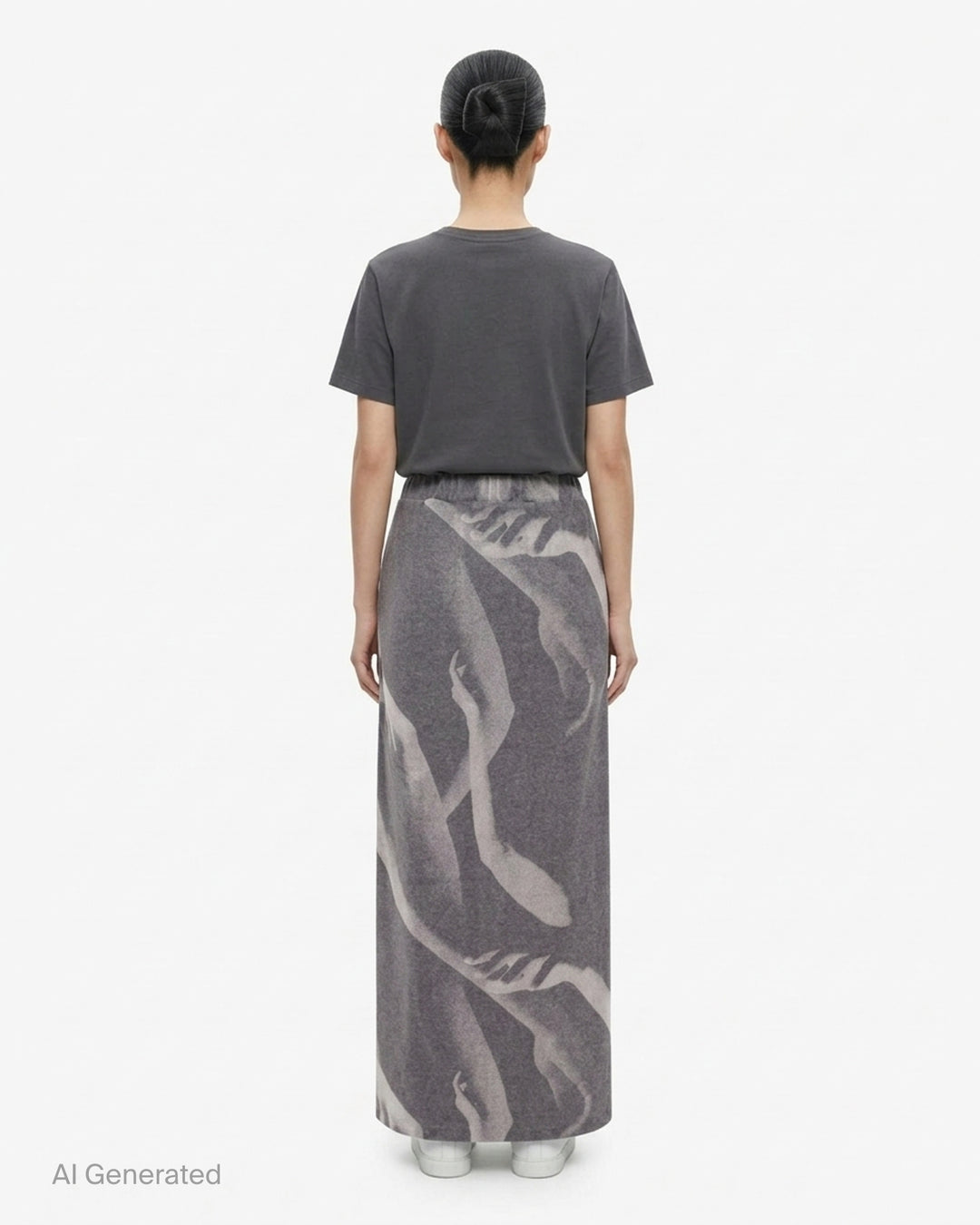 Issey Miyake Hands of Lover black velour maxi skirt with an allover monochromatic photographic print of intertwined arms and hands, shown flat against a white background - back