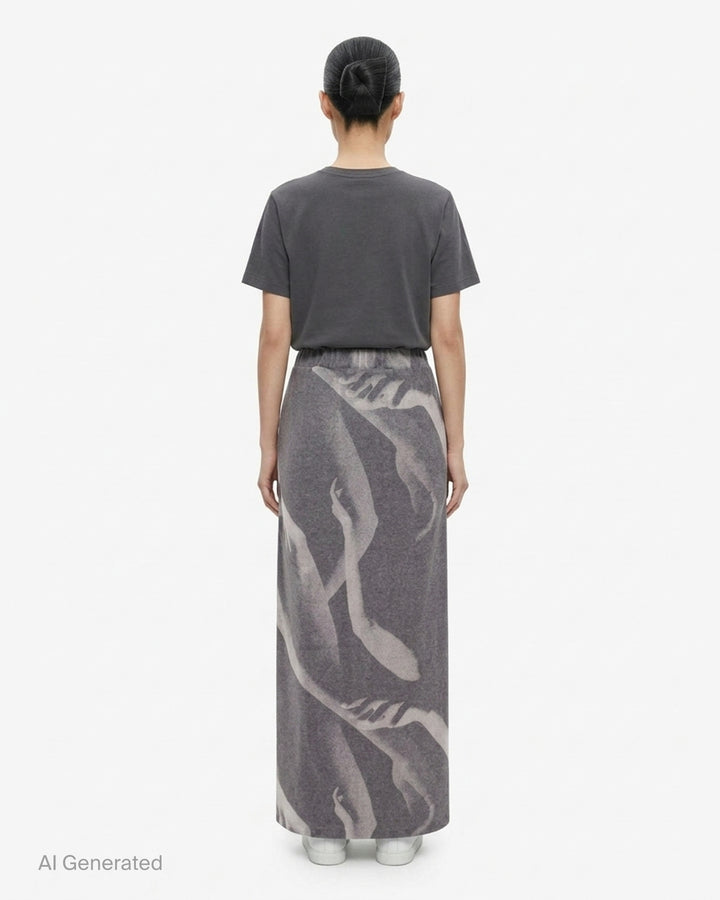 Issey Miyake Hands of Lover black velour maxi skirt with an allover monochromatic photographic print of intertwined arms and hands, shown flat against a white background - back