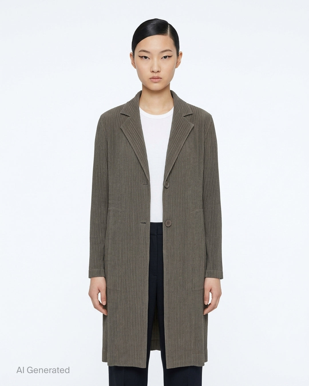 Issey Miyake Hatching Pleats long black pleated coat with notched lapel and two-button front - front