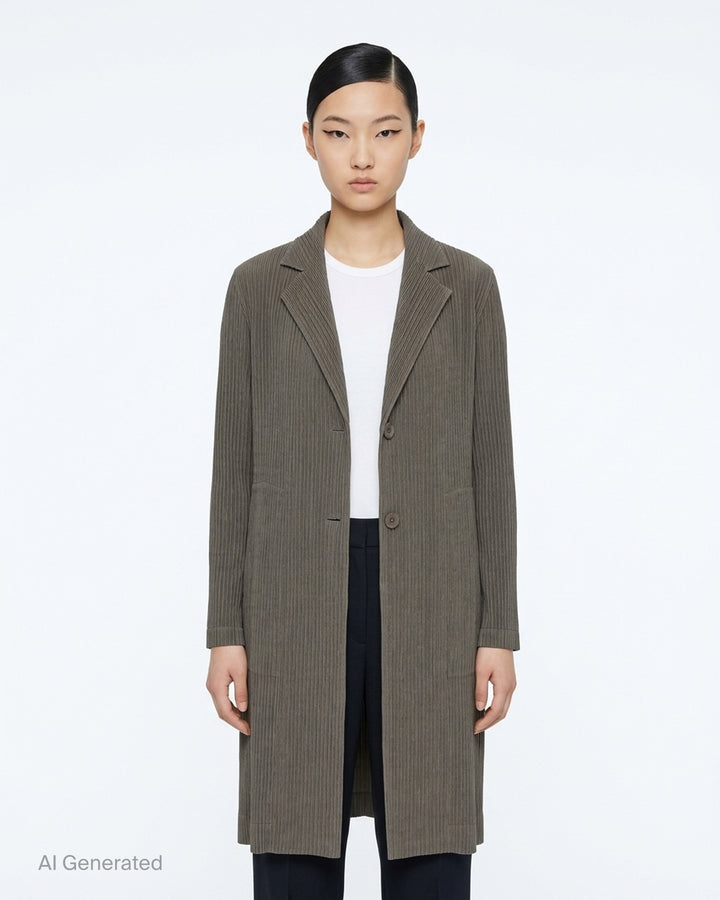 Issey Miyake Hatching Pleats long black pleated coat with notched lapel and two-button front - front